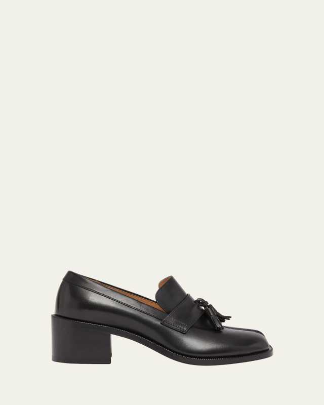 Tabi-Toe Leather Tassel Block-Heel Loafers
